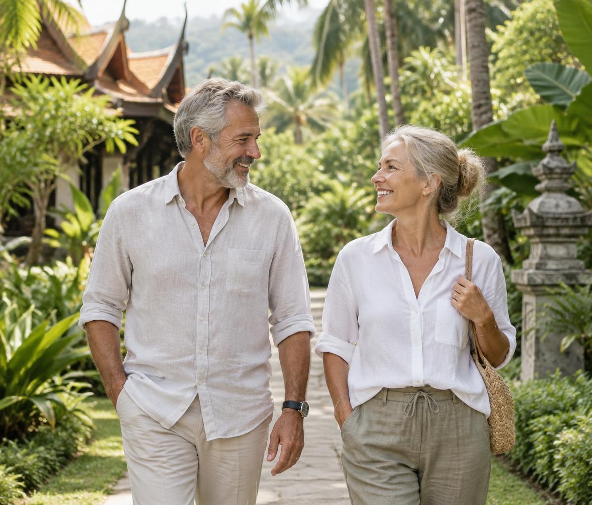 A retired couple enjoying a peaceful tropical garden in Thailand